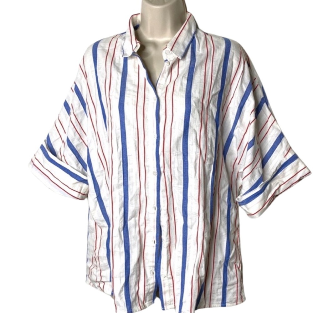 Designer Society White Multicolor Striped Button Down Oversized Cotton M